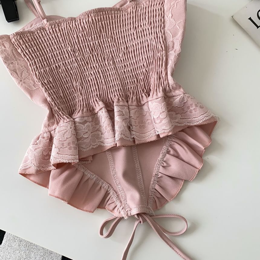 Ruffle Hem Lace Panel Lace-Up Crop Camisole