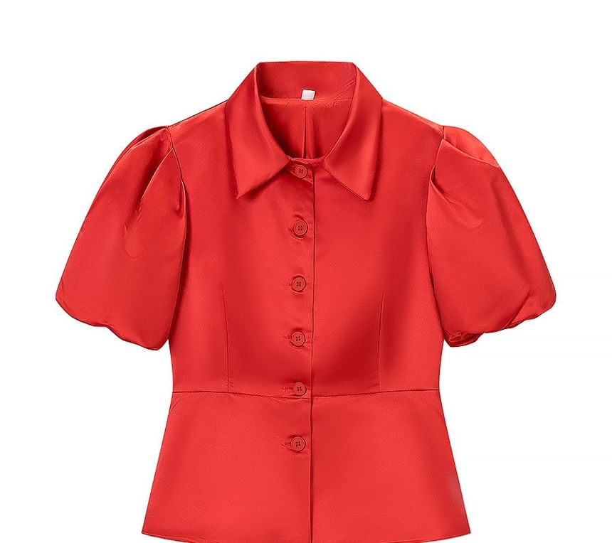 Puff Sleeve Spread Collar Plain Peplum top