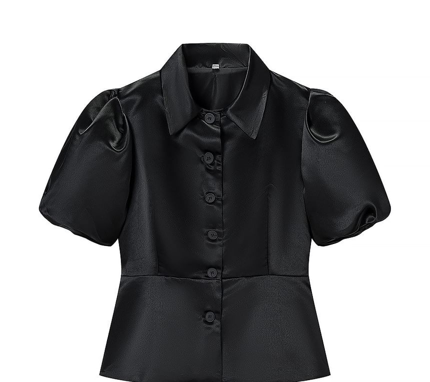 Puff Sleeve Spread Collar Plain Peplum top