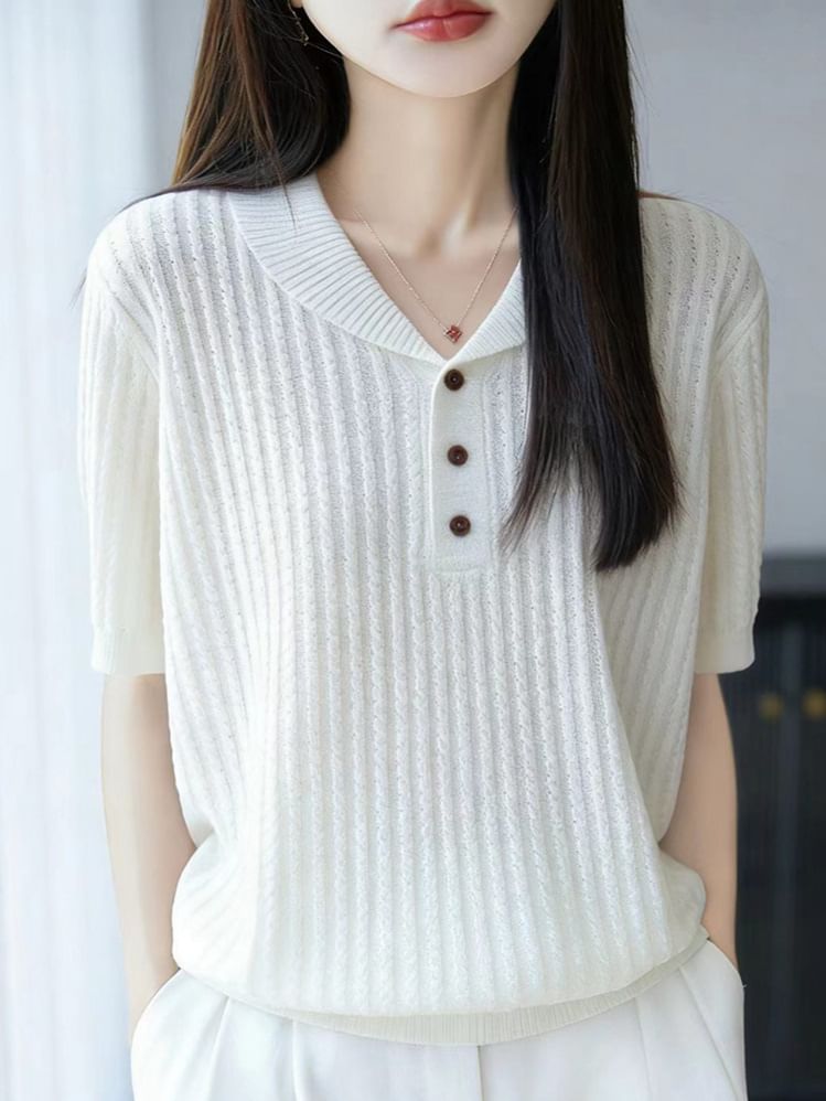 Shawl Collar Cable Knit Short-Sleeve Top
