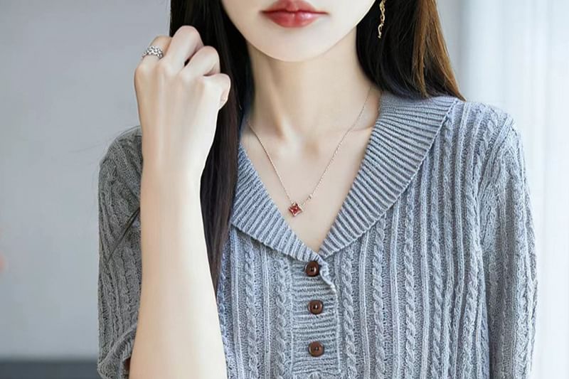 Shawl Collar Cable Knit Short-Sleeve Top