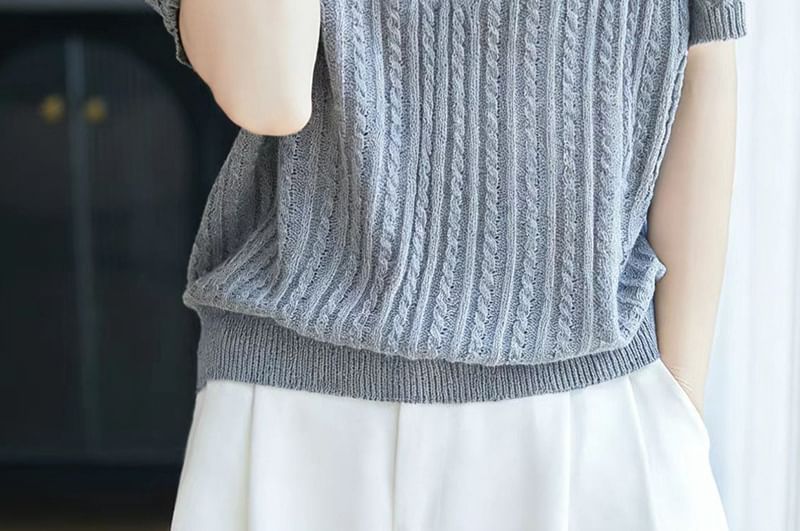 Shawl Collar Cable Knit Short-Sleeve Top