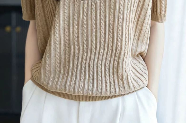 Shawl Collar Cable Knit Short-Sleeve Top