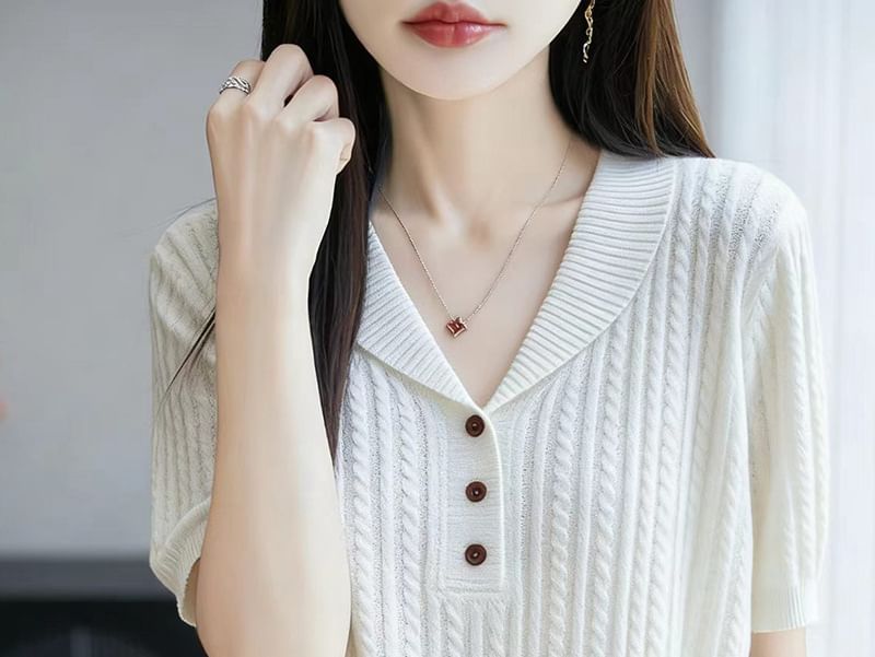 Shawl Collar Cable Knit Short-Sleeve Top