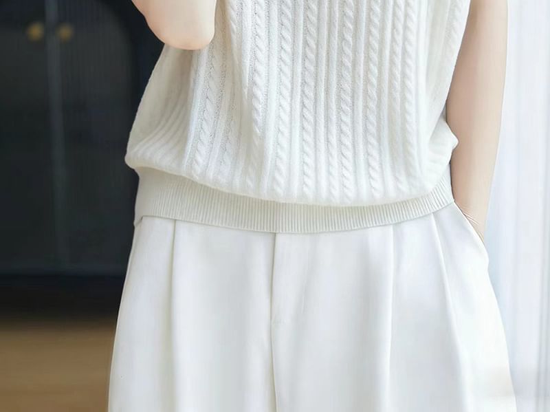 Shawl Collar Cable Knit Short-Sleeve Top