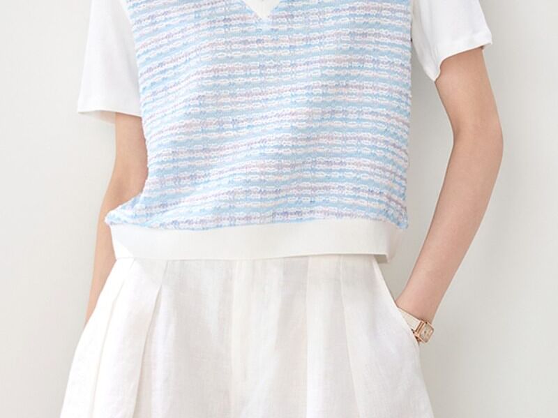 Mock Two-Piece Short-Sleeve V-Neck Textured Panel T-Shirt