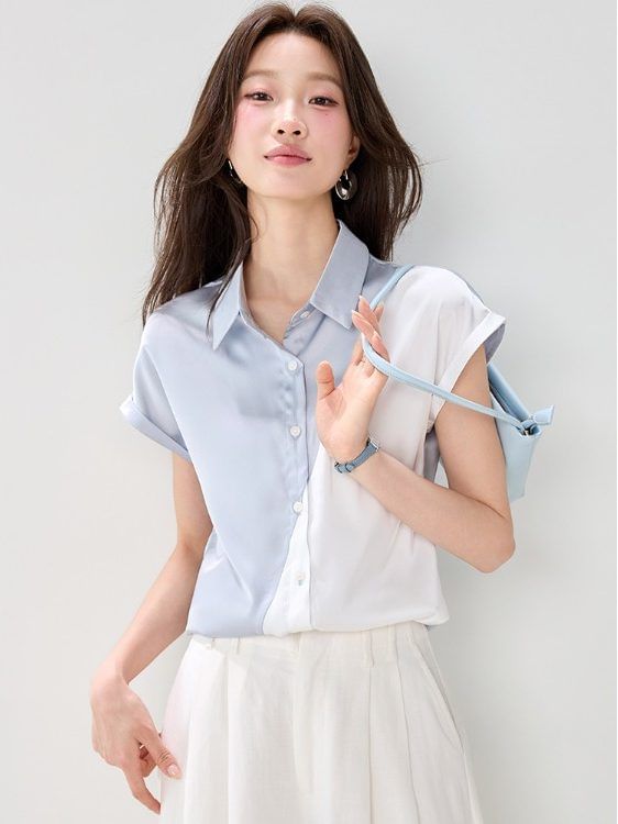 Two Tone Collared Button-Up Satin Short Sleeve Blouse