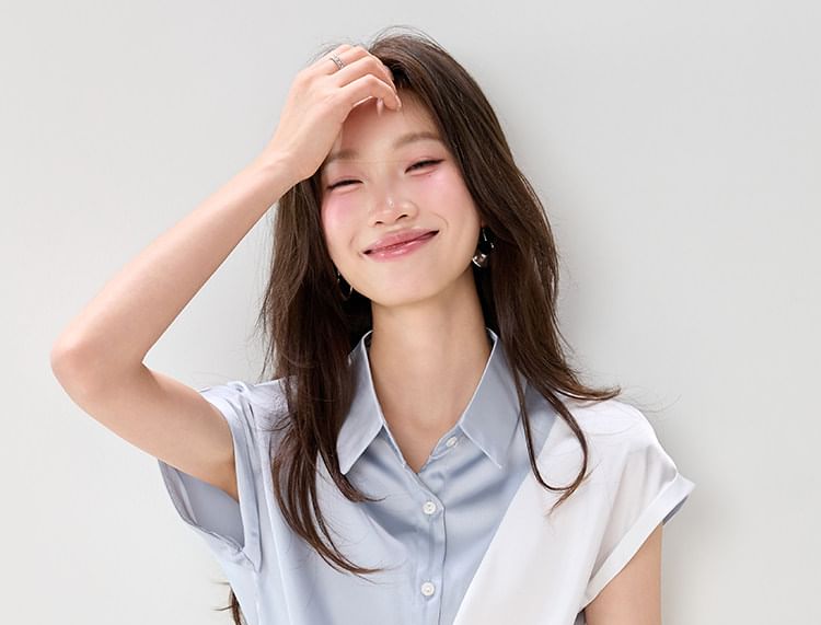 Two Tone Collared Button-Up Satin Short Sleeve Blouse