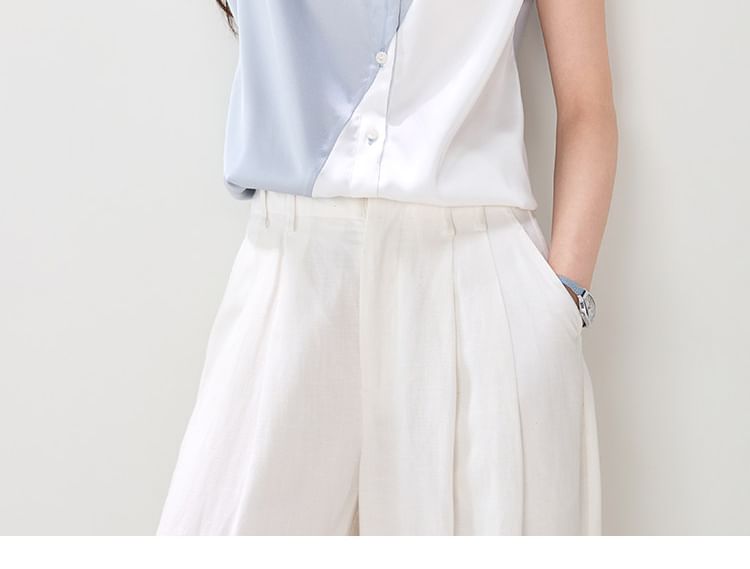Two Tone Collared Button-Up Satin Short Sleeve Blouse