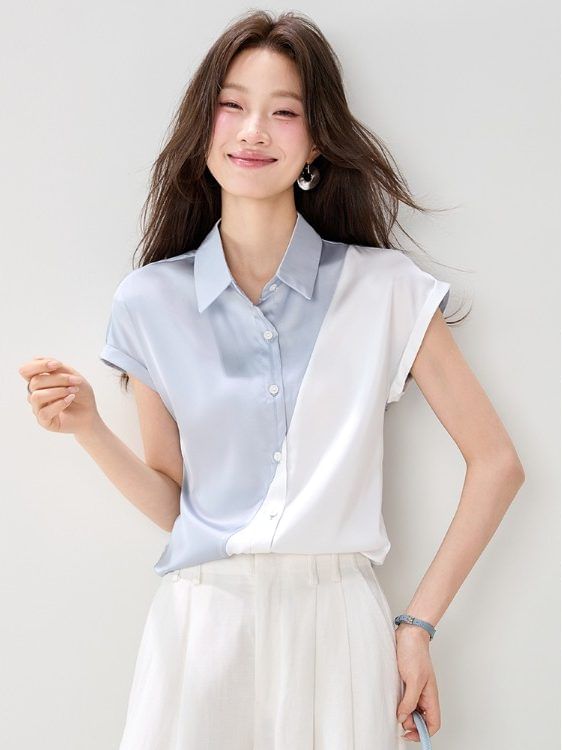 Two Tone Collared Button-Up Satin Short Sleeve Blouse