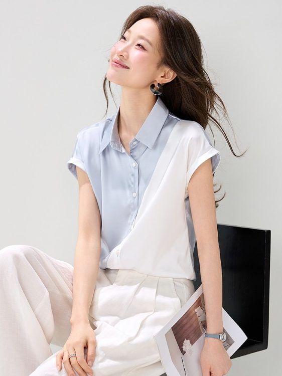 Two Tone Collared Button-Up Satin Short Sleeve Blouse