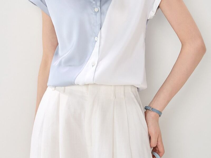 Two Tone Collared Button-Up Satin Short Sleeve Blouse