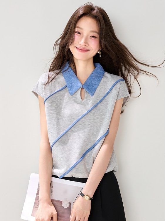 Contrast Trim Collared Cutout Short Sleeve T-Shirt