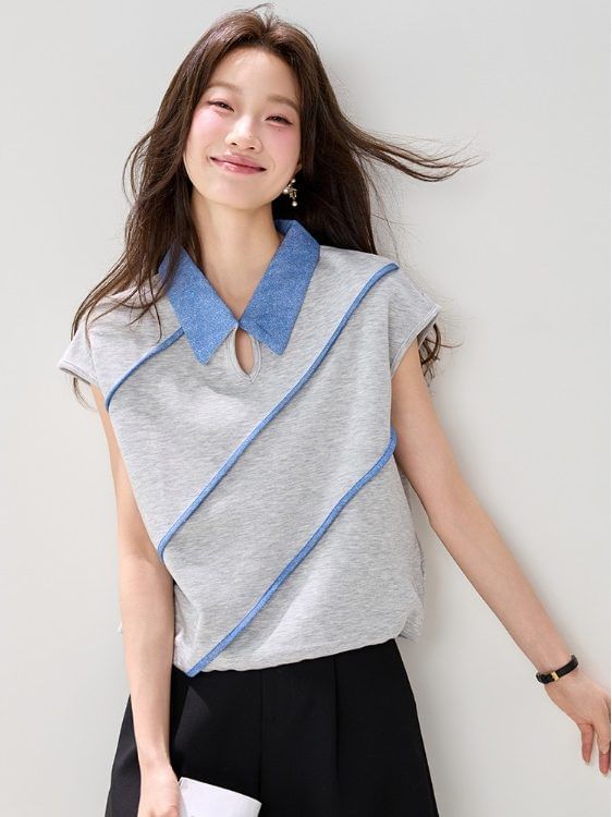 Contrast Trim Collared Cutout Short Sleeve T-Shirt