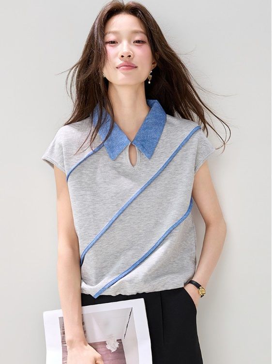Contrast Trim Collared Cutout Short Sleeve T-Shirt