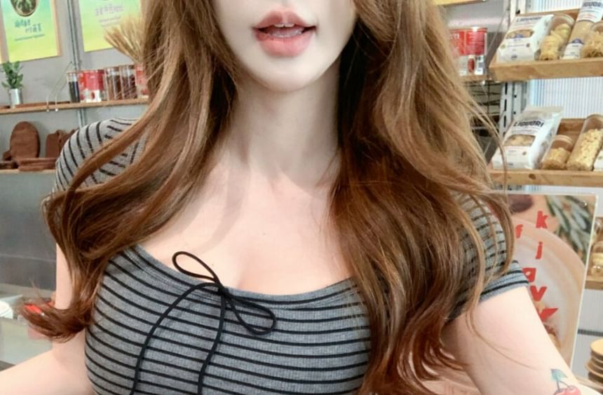 Striped Square Neck Short Sleeve Crop T-Shirt