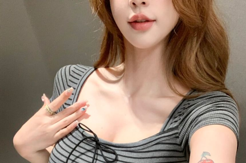 Striped Square Neck Short Sleeve Crop T-Shirt