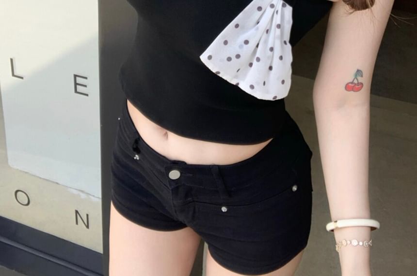 Polka Dot Asymmetrical Panel V-Neck Short Sleeve Crop Top