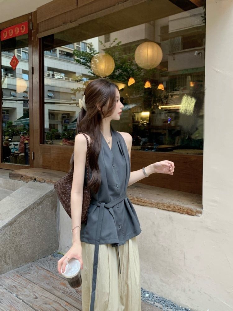 Tie Waist Halter V-Neck Button-Up Plain Top