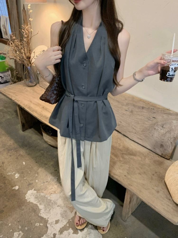 Tie Waist Halter V-Neck Button-Up Plain Top
