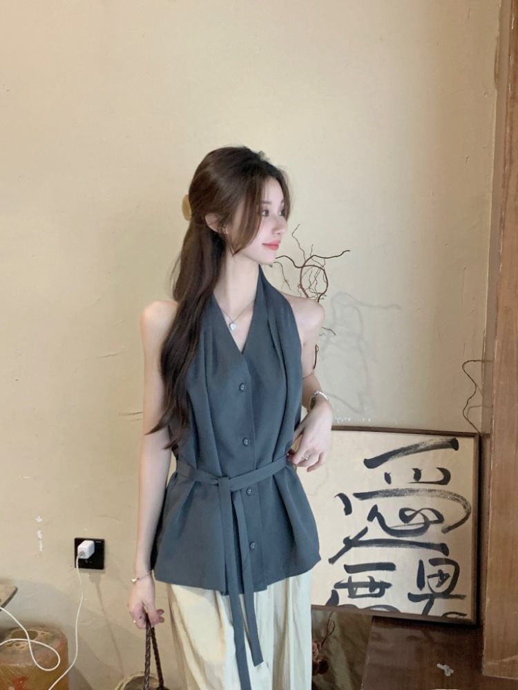 Tie Waist Halter V-Neck Button-Up Plain Top