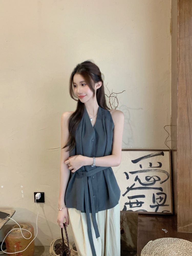 Tie Waist Halter V-Neck Button-Up Plain Top
