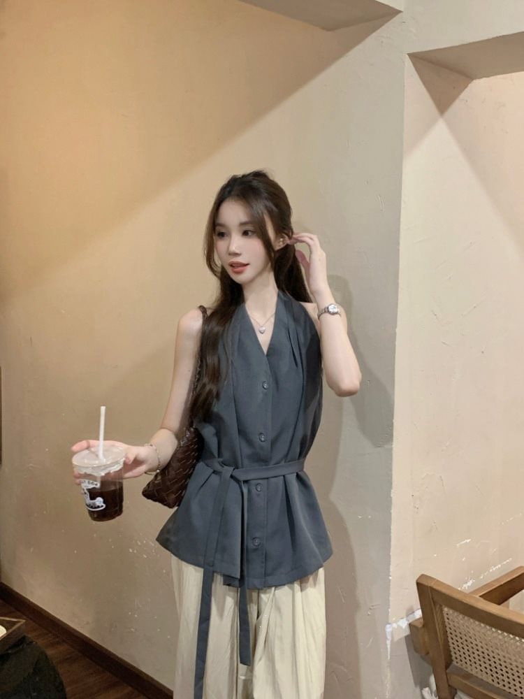 Tie Waist Halter V-Neck Button-Up Plain Top