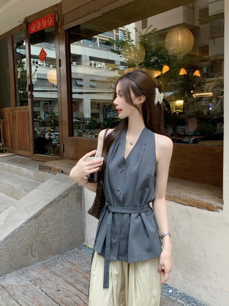 Tie Waist Halter V-Neck Button-Up Plain Top