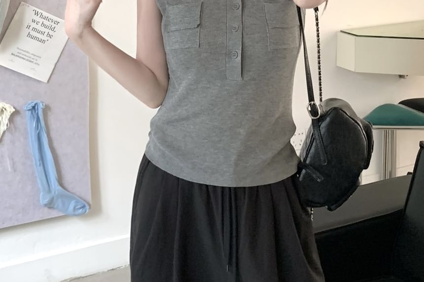 Half-Buttoned Collared Plain Knit Tank
