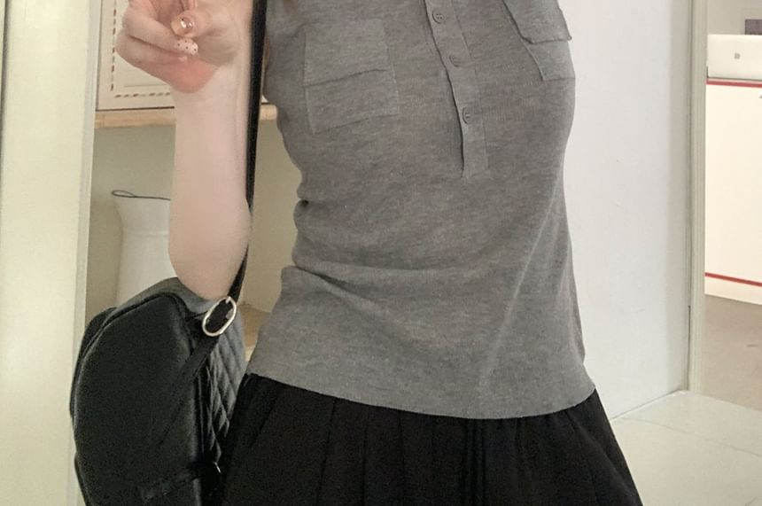 Half-Buttoned Collared Plain Knit Tank
