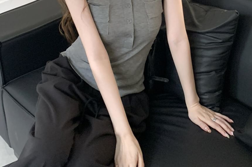 Half-Buttoned Collared Plain Knit Tank