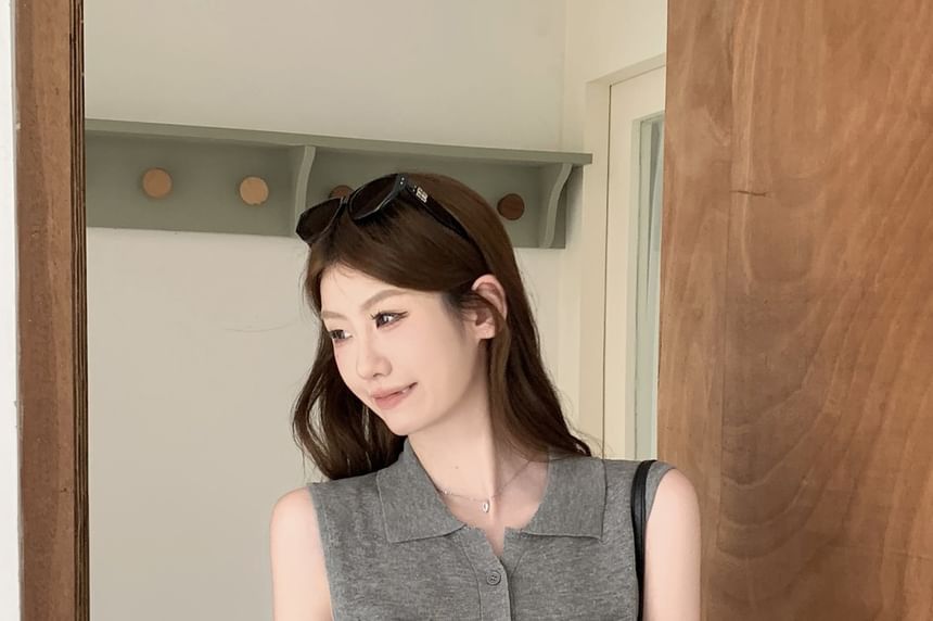 Half-Buttoned Collared Plain Knit Tank