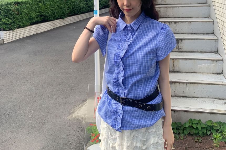 Frill Trim Collared Short Sleeve Button-Up Blouse