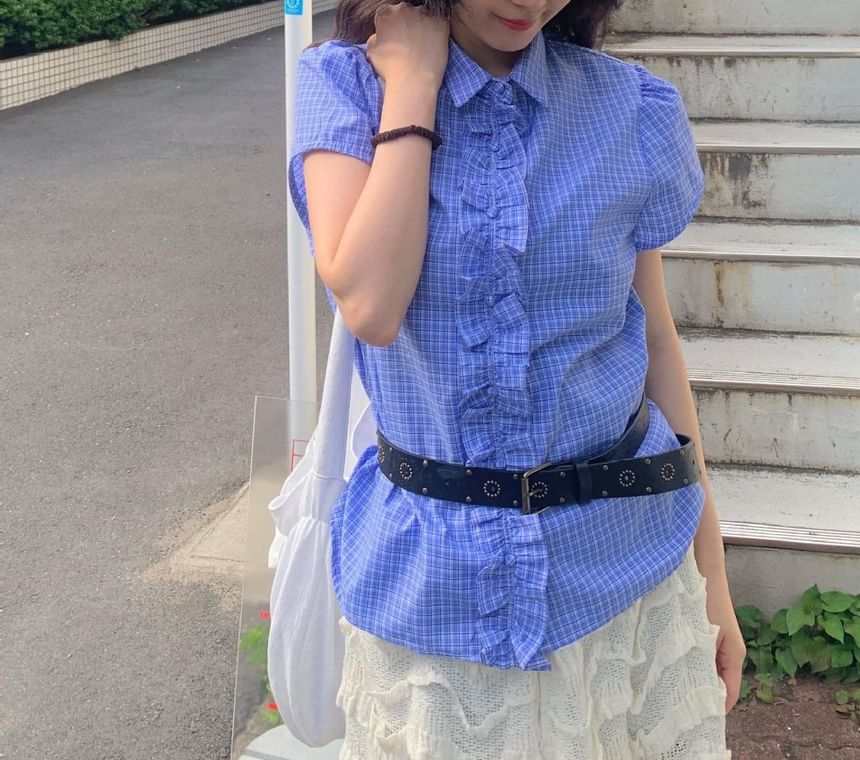 Frill Trim Collared Short Sleeve Button-Up Blouse