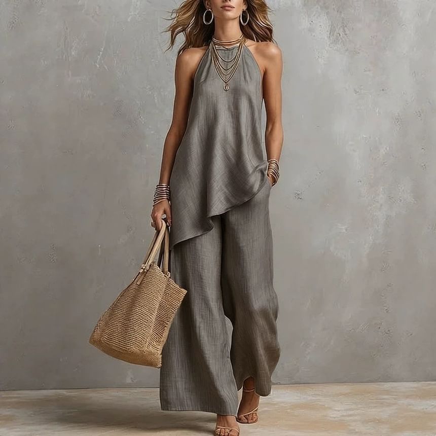 Asymmetric Camisole and High-Waisted Wide Leg Pants Set