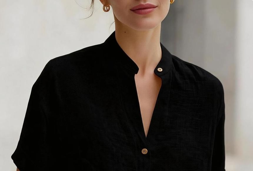 Band Collar Blouse, Short Sleeved, Solid