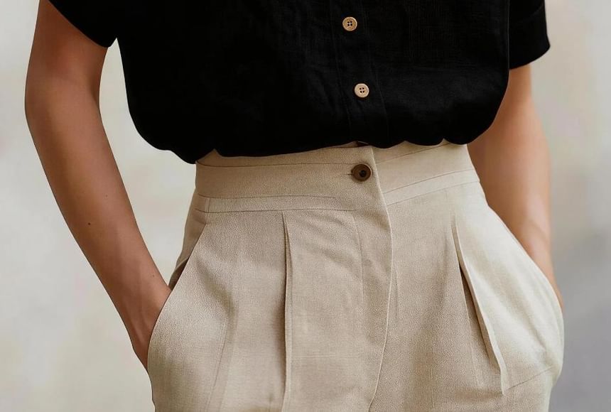 Band Collar Blouse, Short Sleeved, Solid