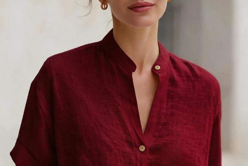 Band Collar Blouse, Short Sleeved, Solid