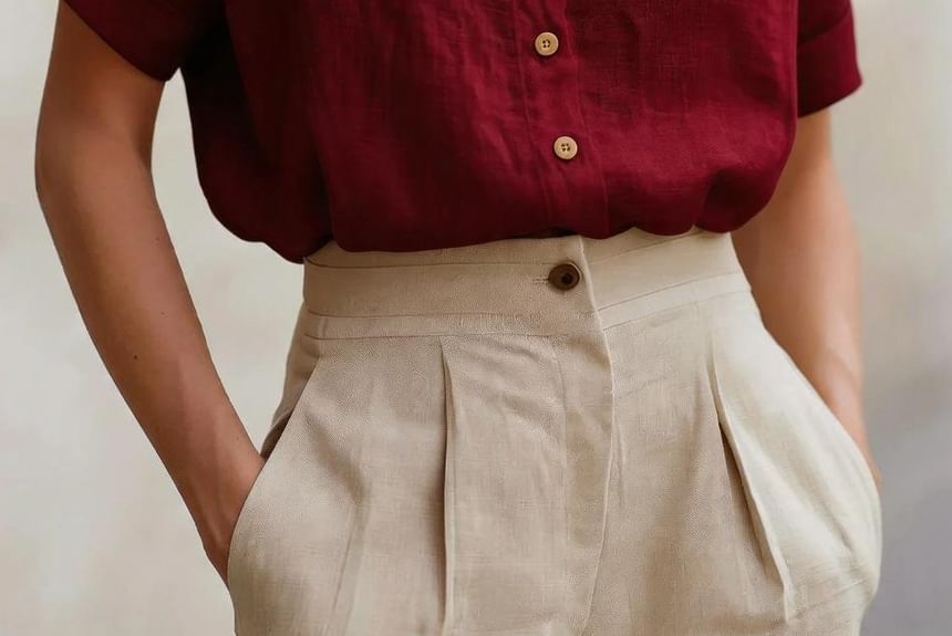 Band Collar Blouse, Short Sleeved, Solid