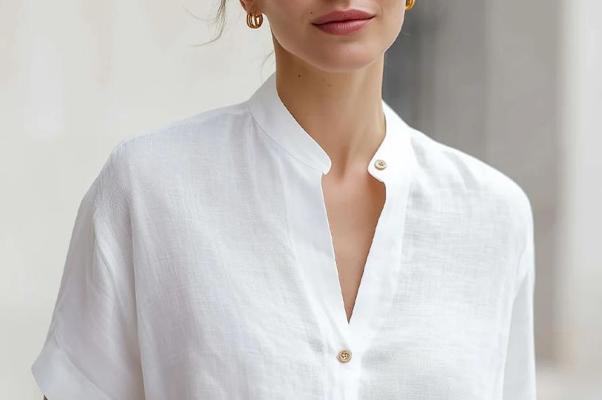 Band Collar Blouse, Short Sleeved, Solid