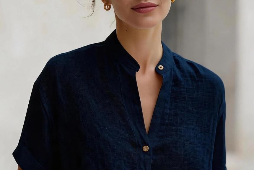 Band Collar Blouse, Short Sleeved, Solid