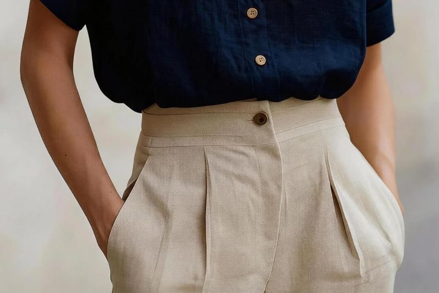 Band Collar Blouse, Short Sleeved, Solid