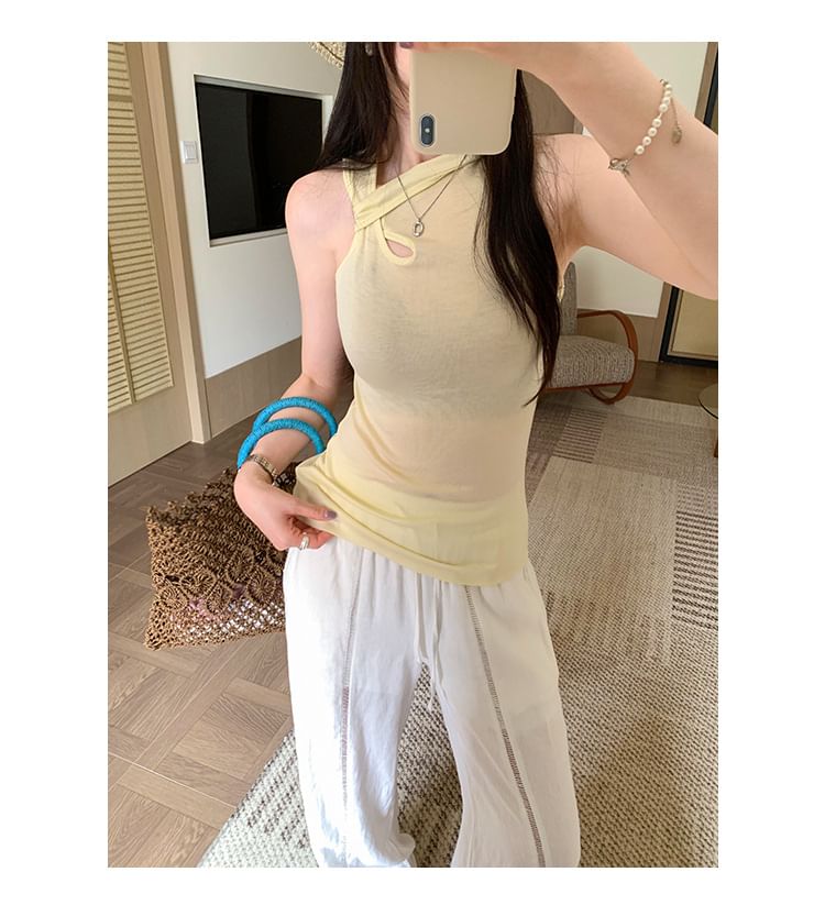 Asymmetric Plain V-Neck Sleeveless Top