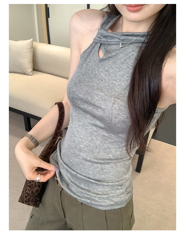 Asymmetric Plain V-Neck Sleeveless Top