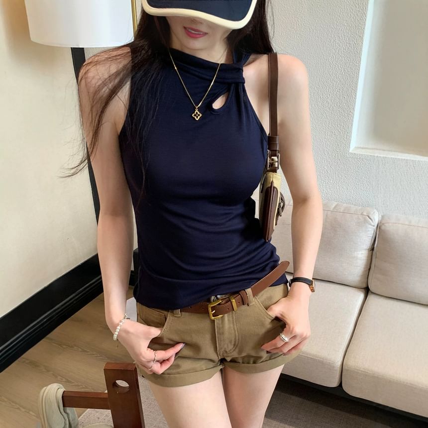 Asymmetric Plain V-Neck Sleeveless Top