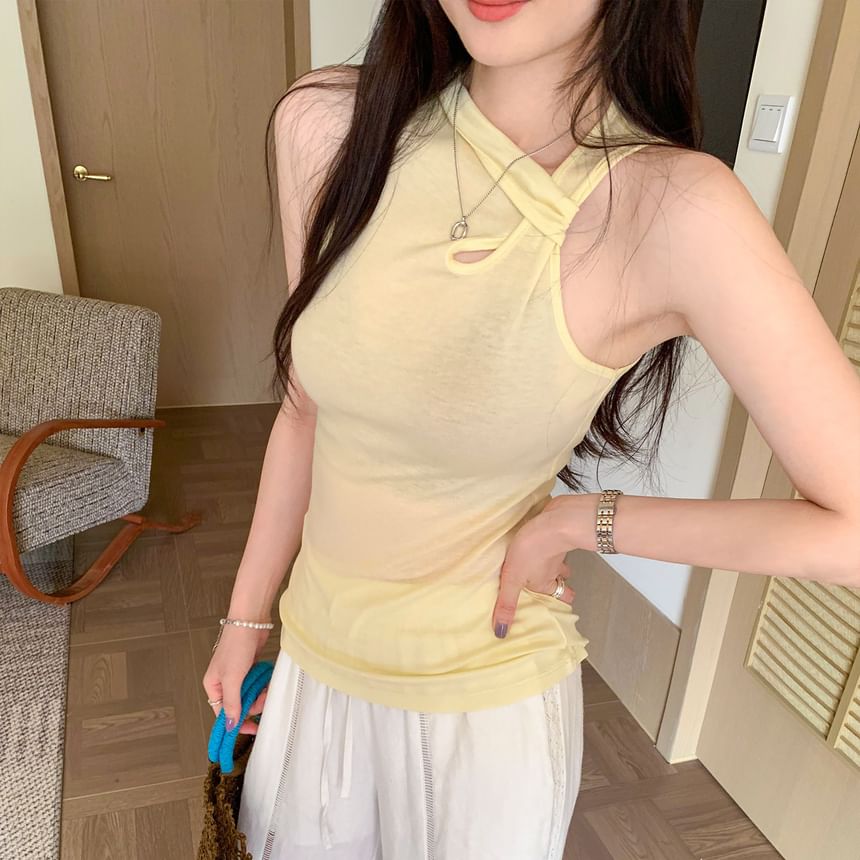 Asymmetric Plain V-Neck Sleeveless Top