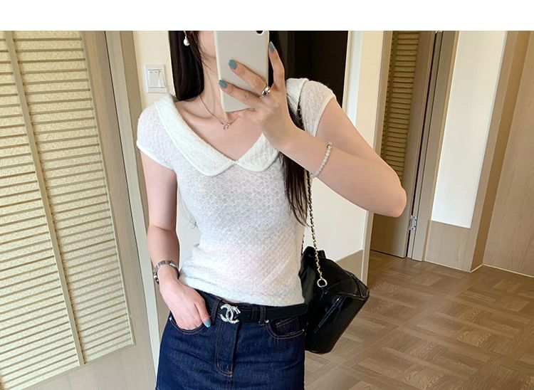 Textured Knit Collared Short-Sleeve Top