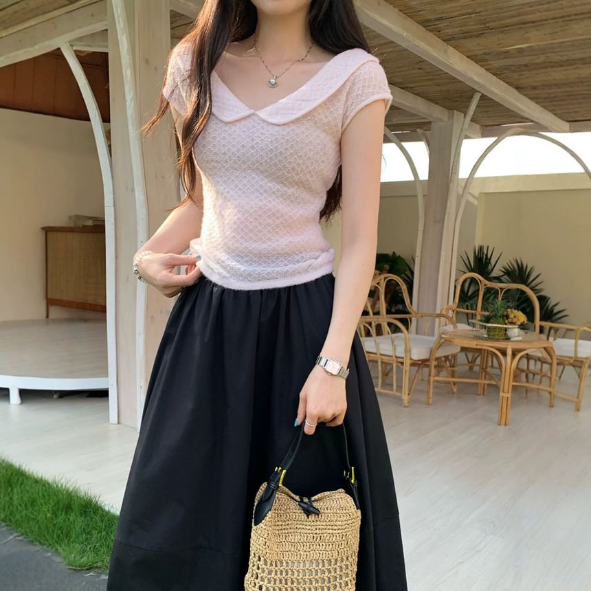 Textured Knit Collared Short-Sleeve Top