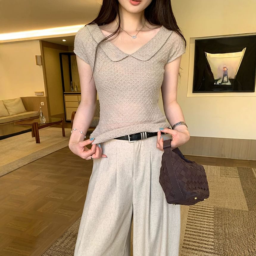 Textured Knit Collared Short-Sleeve Top