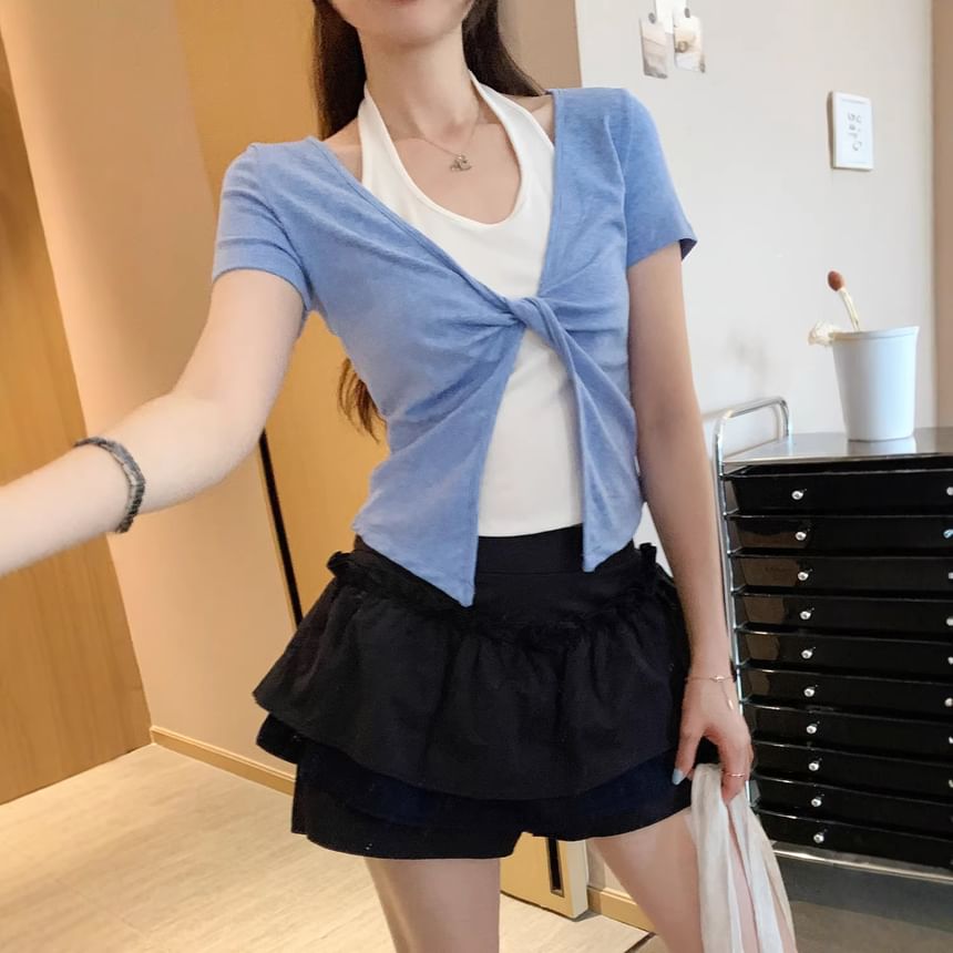 Mock Two Piece Halter Crop T-Shirt